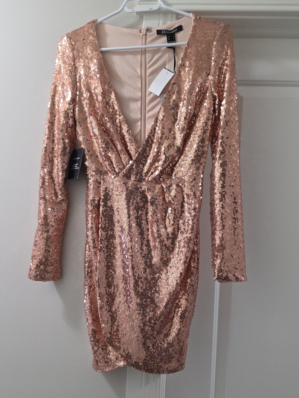 NWT Revamped Rose Gold Sequin V-Neck Long Sleeve Dress